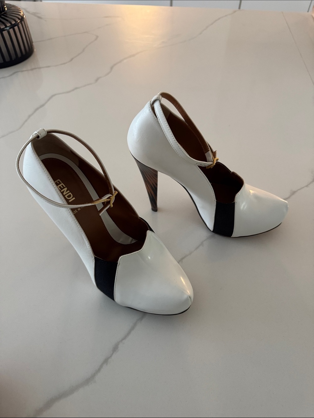 Fendi White and Black Ankle-Strap Stiletto Pumps